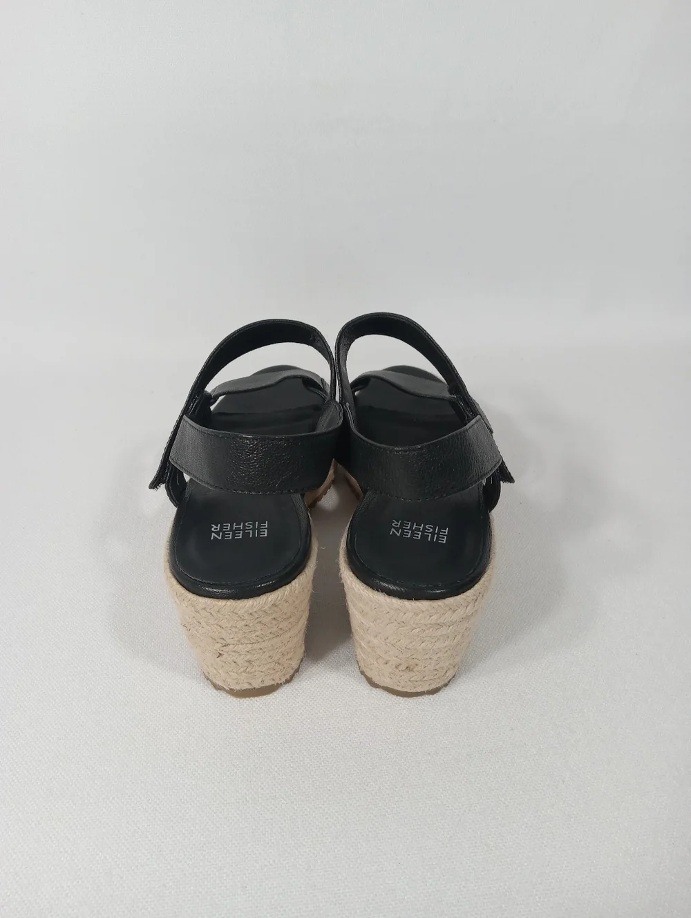EILEEN FISHER 'Winnie' Black Leather Espadrille Wedge Sandals Women's Size 8
